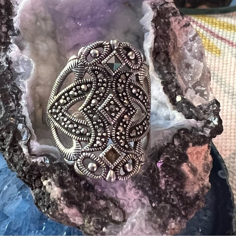 925 Sterling Silver Marcasite Ring Size 6.5 - Picture 2 of 11